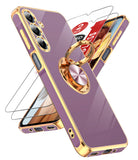 LeYi for Samsung Galaxy S25 FE 5G Case: with 2 Pack Tempered Glass Screen Protector and Rotatable Ring Holder Magnetic Kickstand, Plating Rose Gold Edge Case
