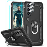 LeYi for Samsung Galaxy S21 FE Case with Glass Screen Protector Replacement, Military-Grade Shockproof Magnetic Ring Stand Cell Android Case Cover