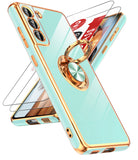 LeYi for Samsung Galaxy S21 FE 5G Case: with 2 Pack Tempered Glass Screen Protector and Rotatable Ring Holder Magnetic Kickstand, Plating Rose Gold Edge Case
