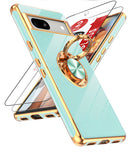 LeYi for Google Pixel 7A Case: with 2 Pack Tempered Glass Screen Protector and Rotatable Ring Holder Magnetic Kickstand, Plating Rose Gold Edge Case