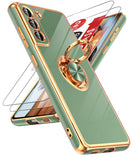 LeYi for Samsung Galaxy S21 FE 5G Case: with 2 Pack Tempered Glass Screen Protector and Rotatable Ring Holder Magnetic Kickstand, Plating Rose Gold Edge Case