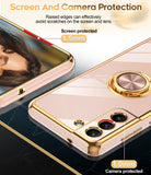 LeYi for Samsung Galaxy S21 FE 5G Case: with 2 Pack Tempered Glass Screen Protector and Rotatable Ring Holder Magnetic Kickstand, Plating Rose Gold Edge Case