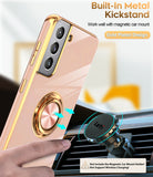 LeYi for Samsung Galaxy S21 5G Case: Rotatable Ring Holder Magnetic Kickstand, Plating Rose Gold Edge Case