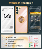 LeYi for Samsung Galaxy S21 FE 5G Case: with 2 Pack Tempered Glass Screen Protector and Rotatable Ring Holder Magnetic Kickstand, Plating Rose Gold Edge Case