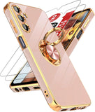 LeYi for Samsung Galaxy A15 5G Case: with 2 Pack Tempered Glass Screen Protector and Rotatable Ring Holder Magnetic Kickstand, Plating Rose Gold Edge Case