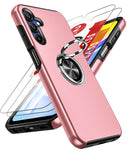 LeYi for Samsung Galaxy A15 5G Case with Glass Screen Protector, Shockproof Heavy Duty Protective Slim Fit Samsung Galaxy A15 5G Cell Phone Case Cover with Rotatable Ring Holder Magnetic Kickstand for Women