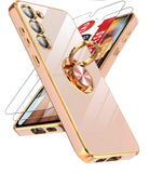 LeYi for Samsung Galaxy S23 Case: with 2 Pack Tempered Glass Screen Protector and Rotatable Ring Holder Magnetic Kickstand, Plating Rose Gold Edge Case