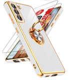 LeYi for Samsung Galaxy S21 FE 5G Case: with 2 Pack Tempered Glass Screen Protector and Rotatable Ring Holder Magnetic Kickstand, Plating Rose Gold Edge Case