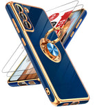 LeYi for Samsung Galaxy S21 FE 5G Case: with 2 Pack Tempered Glass Screen Protector and Rotatable Ring Holder Magnetic Kickstand, Plating Rose Gold Edge Case