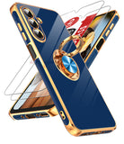 LeYi for Samsung Galaxy A26 5G Case: with 2 Pack Tempered Glass Screen Protector and Rotatable Ring Holder Magnetic Kickstand, Plating Rose Gold Edge Case