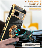 LeYi for Google Pixel 7A Case: with 2 Pack Tempered Glass Screen Protector and Rotatable Ring Holder Magnetic Kickstand, Plating Rose Gold Edge Case
