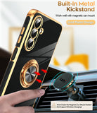 LeYi for Samsung Galaxy A57 5G Case: with 2 Pack Tempered Glass Screen Protector and Rotatable Ring Holder Magnetic Kickstand, Plating Rose Gold Edge Case