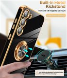LeYi for Samsung Galaxy S23 Case: with 2 Pack Tempered Glass Screen Protector and Rotatable Ring Holder Magnetic Kickstand, Plating Rose Gold Edge Case