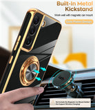 LeYi for Samsung Galaxy S22 5G Case: Rotatable Ring Holder Magnetic Kickstand, Plating Rose Gold Edge Case