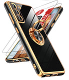 LeYi for Samsung Galaxy S21 FE 5G Case: with 2 Pack Tempered Glass Screen Protector and Rotatable Ring Holder Magnetic Kickstand, Plating Rose Gold Edge Case