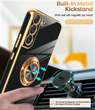 LeYi for Samsung Galaxy S22 Plus 5G Case: Rotatable Ring Holder Magnetic Kickstand, Plating Rose Gold Edge Case
