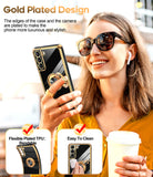 LeYi for Samsung Galaxy S21 FE 5G Case: with 2 Pack Tempered Glass Screen Protector and Rotatable Ring Holder Magnetic Kickstand, Plating Rose Gold Edge Case