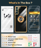 LeYi for Samsung Galaxy S21 FE 5G Case: with 2 Pack Tempered Glass Screen Protector and Rotatable Ring Holder Magnetic Kickstand, Plating Rose Gold Edge Case
