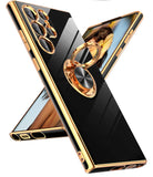 LeYi for Samsung Galaxy S22 Ultra 5G Case: Rotatable Ring Holder Magnetic Kickstand, Plating Rose Gold Edge Case