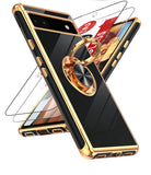 LeYi for Google Pixel 6A Case: with 2 Pack Tempered Glass Screen Protector and Rotatable Ring Holder Magnetic Kickstand, Plating Rose Gold Edge Case
