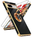 LeYi for Google Pixel 7A Case: with 2 Pack Tempered Glass Screen Protector and Rotatable Ring Holder Magnetic Kickstand, Plating Rose Gold Edge Case