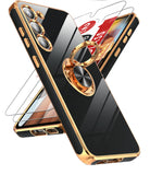 LeYi for Samsung Galaxy S23 Case: with 2 Pack Tempered Glass Screen Protector and Rotatable Ring Holder Magnetic Kickstand, Plating Rose Gold Edge Case