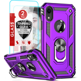 LeYi for iPhone XR Phone Case, iPhone XR Phone Case with Glass Screen Protector Replacement, Military-Grade Shockproof Magnetic Ring Stand Cell Android Case Cover