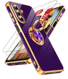 LeYi for Samsung Galaxy A57 5G Case: with 2 Pack Tempered Glass Screen Protector and Rotatable Ring Holder Magnetic Kickstand, Plating Rose Gold Edge Case