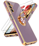 LeYi for Samsung Galaxy A14 5G Case: with 2 Pack Tempered Glass Screen Protector and Rotatable Ring Holder Magnetic Kickstand, Plating Rose Gold Edge Case
