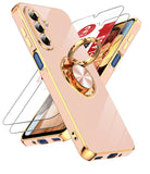 LeYi for Samsung Galaxy A17 5G Case: with 2 Pack Tempered Glass Screen Protector and Rotatable Ring Holder Magnetic Kickstand, Plating Rose Gold Edge Case