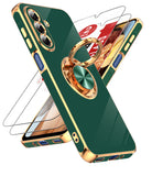 LeYi for Samsung Galaxy A17 5G Case: with 2 Pack Tempered Glass Screen Protector and Rotatable Ring Holder Magnetic Kickstand, Plating Rose Gold Edge Case