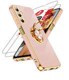 LeYi for Samsung Galaxy A25 5G Case: with 2 Pack Tempered Glass Screen Protector and Rotatable Ring Holder Magnetic Kickstand, Plating Rose Gold Edge Case
