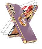 LeYi for Samsung Galaxy A25 5G Case: with 2 Pack Tempered Glass Screen Protector and Rotatable Ring Holder Magnetic Kickstand, Plating Rose Gold Edge Case