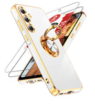 LeYi for Samsung Galaxy A35 5G Case: with 2 Pack Tempered Glass Screen Protector and Rotatable Ring Holder Magnetic Kickstand, Plating Rose Gold Edge Case