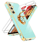 LeYi for Samsung Galaxy A35 5G Case: with 2 Pack Tempered Glass Screen Protector and Rotatable Ring Holder Magnetic Kickstand, Plating Rose Gold Edge Case
