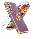 LeYi for Samsung Galaxy A35 5G Case: with 2 Pack Tempered Glass Screen Protector and Rotatable Ring Holder Magnetic Kickstand, Plating Rose Gold Edge Case