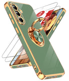 LeYi for Samsung Galaxy A37 5G Case: with 2 Pack Tempered Glass Screen Protector and Rotatable Ring Holder Magnetic Kickstand, Plating Rose Gold Edge Case