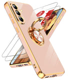 LeYi for Samsung Galaxy A56 5G Case: with 2 Pack Tempered Glass Screen Protector and Rotatable Ring Holder Magnetic Kickstand, Plating Rose Gold Edge Case