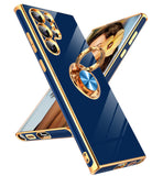 LeYi for Samsung Galaxy S22 Ultra 5G Case: Rotatable Ring Holder Magnetic Kickstand, Plating Rose Gold Edge Case