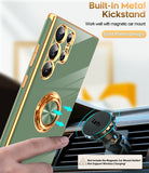 LeYi for Samsung Galaxy S22 Ultra 5G Case: Rotatable Ring Holder Magnetic Kickstand, Plating Rose Gold Edge Case