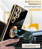 LeYi for Samsung Galaxy S22 Ultra 5G Case: Rotatable Ring Holder Magnetic Kickstand, Plating Rose Gold Edge Case