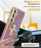LeYi for Samsung Galaxy S24 5G Case: Rotatable Ring Holder Magnetic Kickstand, Plating Rose Gold Edge Case