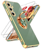 LeYi for Samsung Galaxy S24 FE 5G Case: with 2 Pack Tempered Glass Screen Protector and Rotatable Ring Holder Magnetic Kickstand, Plating Rose Gold Edge Case