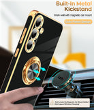 LeYi for Samsung Galaxy S24 FE 5G Case: with 2 Pack Tempered Glass Screen Protector and Rotatable Ring Holder Magnetic Kickstand, Plating Rose Gold Edge Case