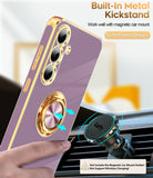 LeYi for Samsung Galaxy S24 FE 5G Case: with 2 Pack Tempered Glass Screen Protector and Rotatable Ring Holder Magnetic Kickstand, Plating Rose Gold Edge Case