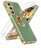 LeYi for Samsung Galaxy S25 FE 5G Case: with 2 Pack Tempered Glass Screen Protector and Rotatable Ring Holder Magnetic Kickstand, Plating Rose Gold Edge Case