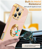LeYi for Iphone 16 Pro Case: with 2 Pack Tempered Glass Screen Protector and Rotatable Ring Holder Magnetic Kickstand, Plating Rose Gold Edge Case
