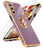LeYi for Samsung Galaxy A57 5G Case: with 2 Pack Tempered Glass Screen Protector and Rotatable Ring Holder Magnetic Kickstand, Plating Rose Gold Edge Case