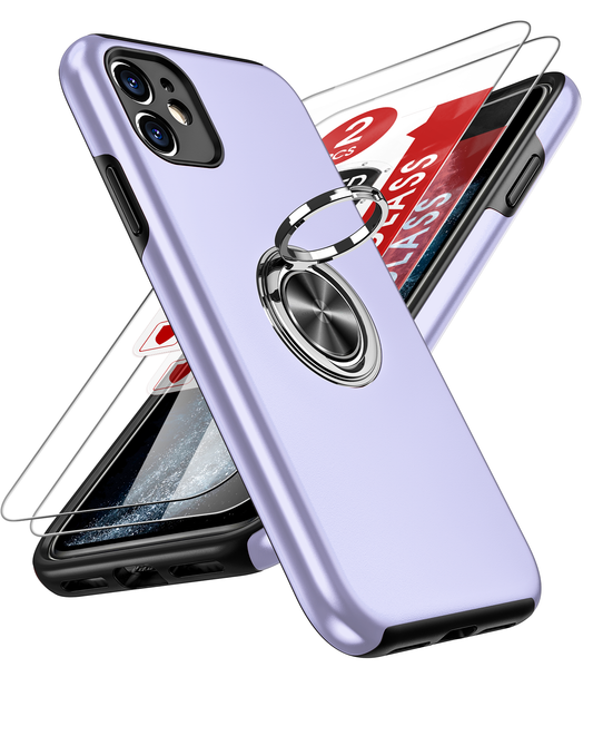 LeYi for iPhone 11 Case with Glass Screen Protector, Shockproof Heavy Duty Protective Slim Fit iPhone 11 Cell Phone Case Cover with Rotatable Ring Holder Magnetic Kickstand for Women