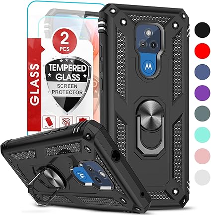 LeYi for Motorola Moto G Play 2021 Case, Motorola G Play 2021 Phone Case with Glass Screen Protector Replacement, Military-Grade Shockproof Magnetic Ring Stand Cell Android Case Cover